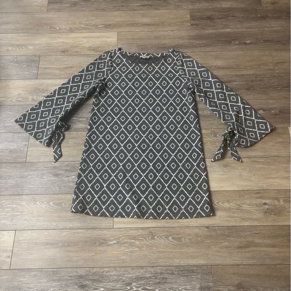 Loft Dress Women’s Sz L Gray Knit Geometric Print Tie Sleeve Office Cozy Party
